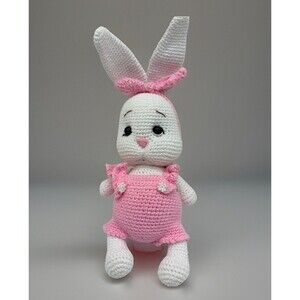 Adorable Crocheted Bunny In A Pink Romper Handmade 9” White Rabbit Stuffed Toy